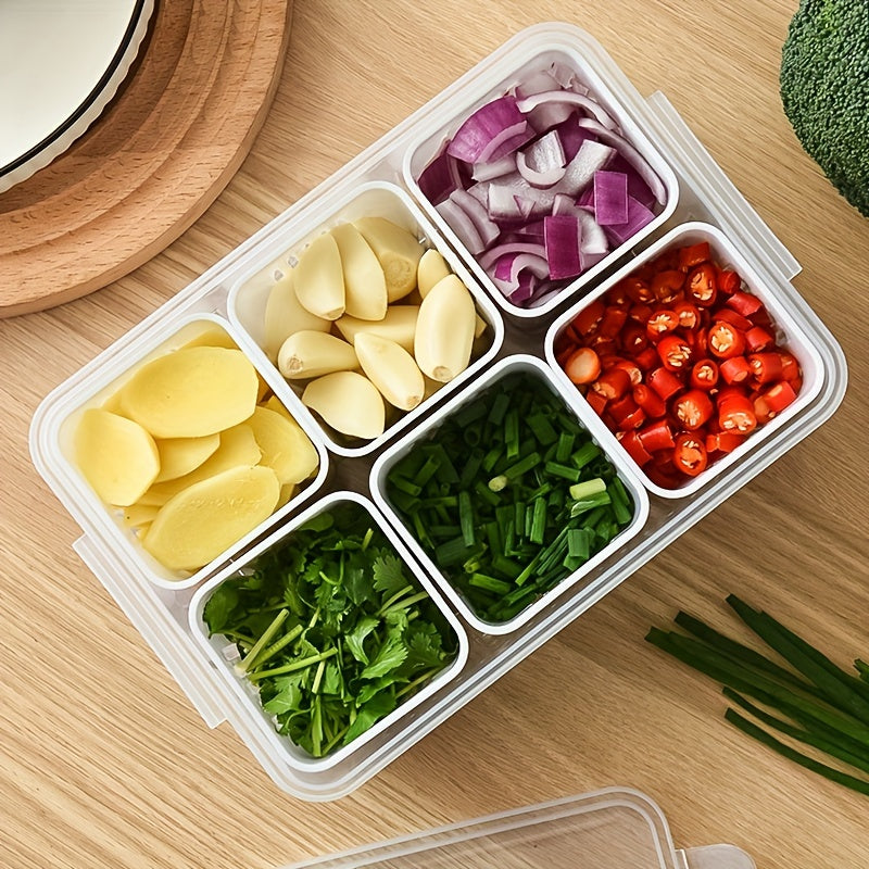 This kitchen storage box is a versatile 6-in-1 solution for keeping onions, ginger, and garlic fresh, as well as serving as a refrigerator fresh-keeping box and a fruit food draining box.