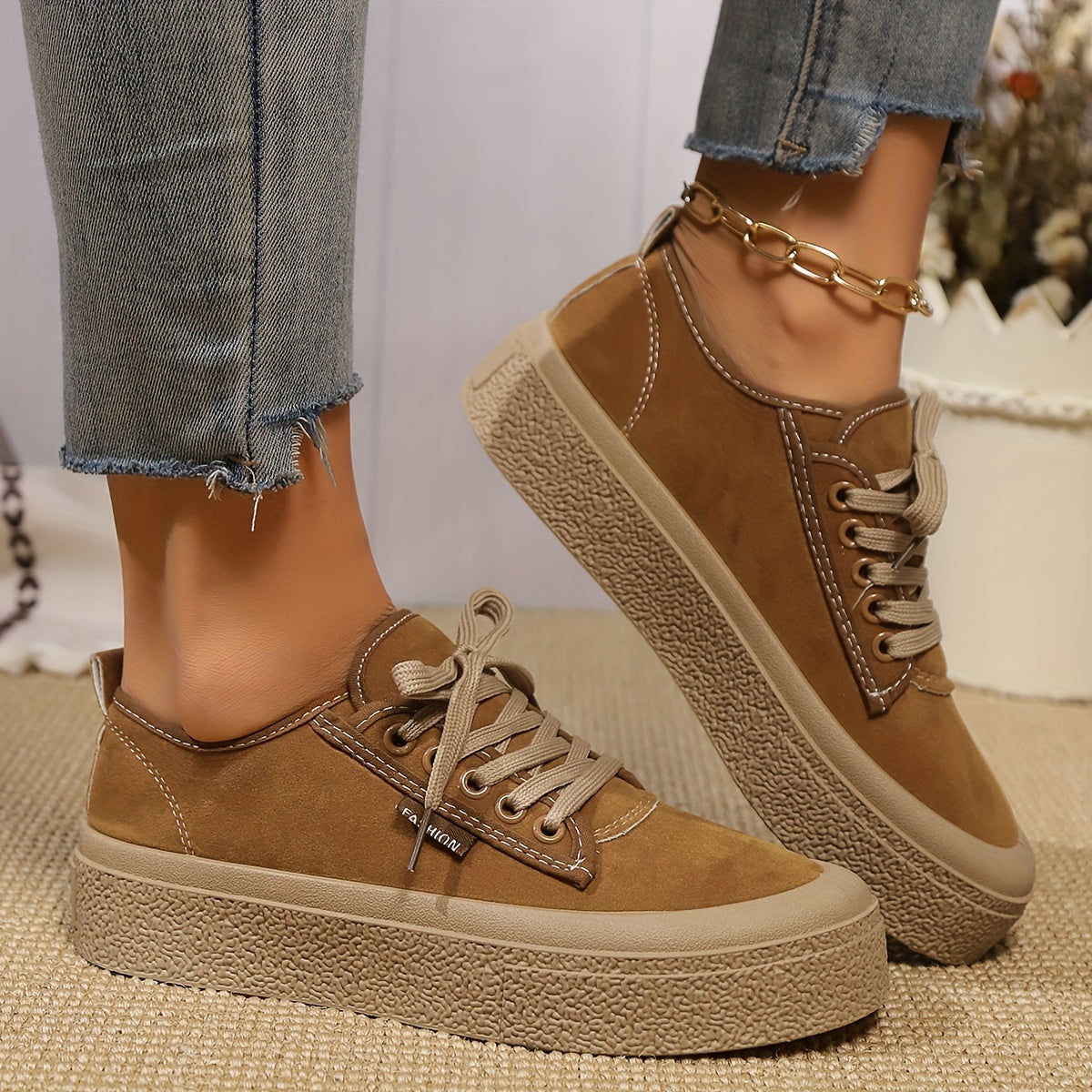 Chunky platform sneakers for women with summer canvas fabric, lace-up design, solid color, rubber sole, and non-washable.