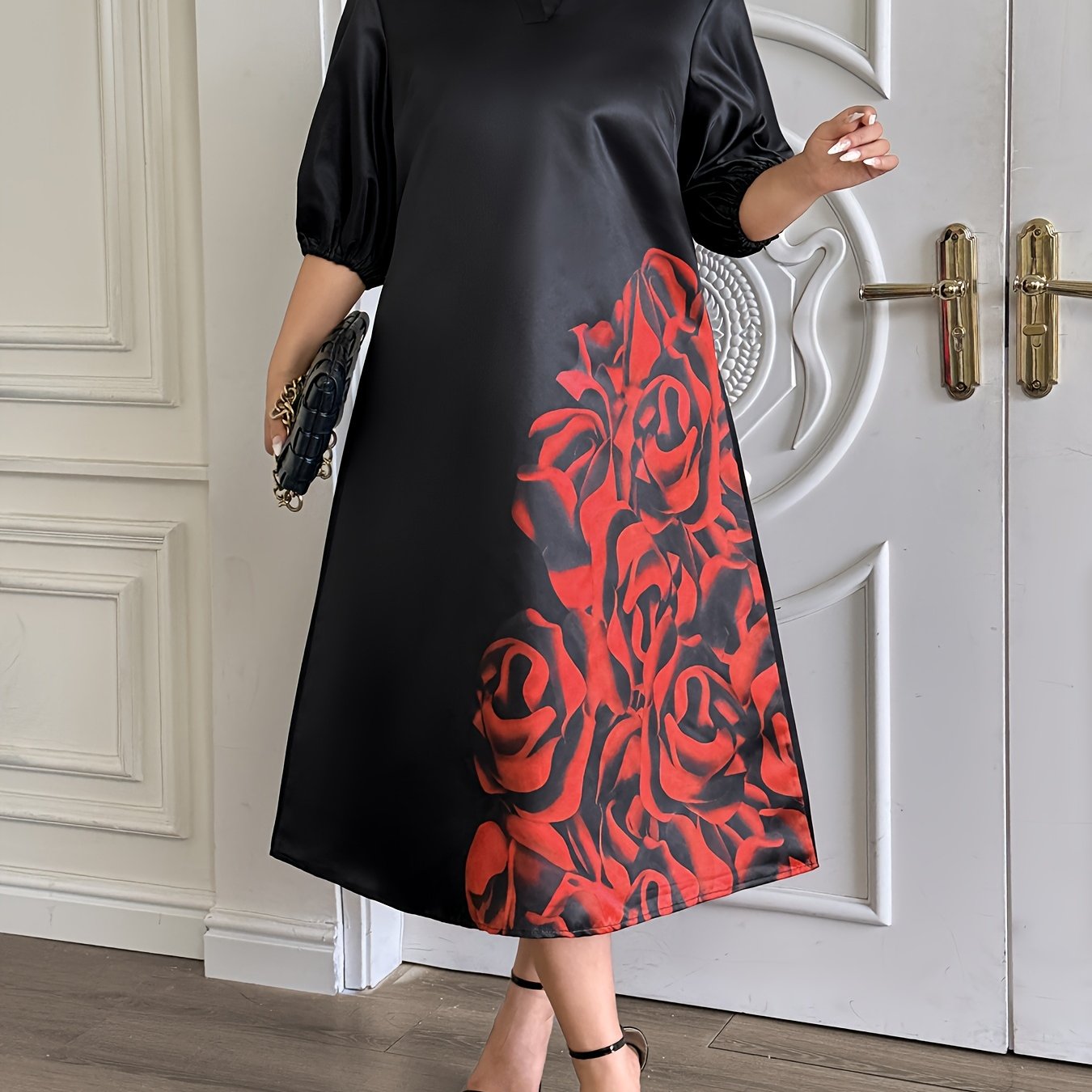 1pc Elegant Women's V-Neck Dress with Red Rose Print, 100% Polyester, Versatile Midi Length, Non-Stretch Fabric