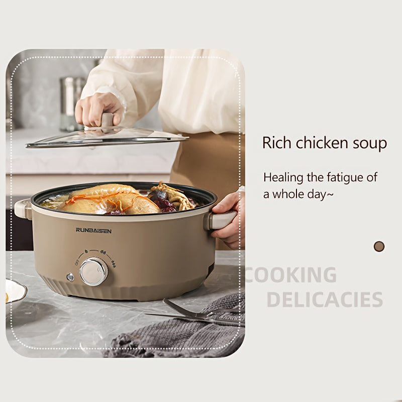 Large electric cooker with multiple functions: hot pot, frying pan, and steamer. Ideal for dormitory use in winter. 220V-240V with European plug. Made of durable PP material.