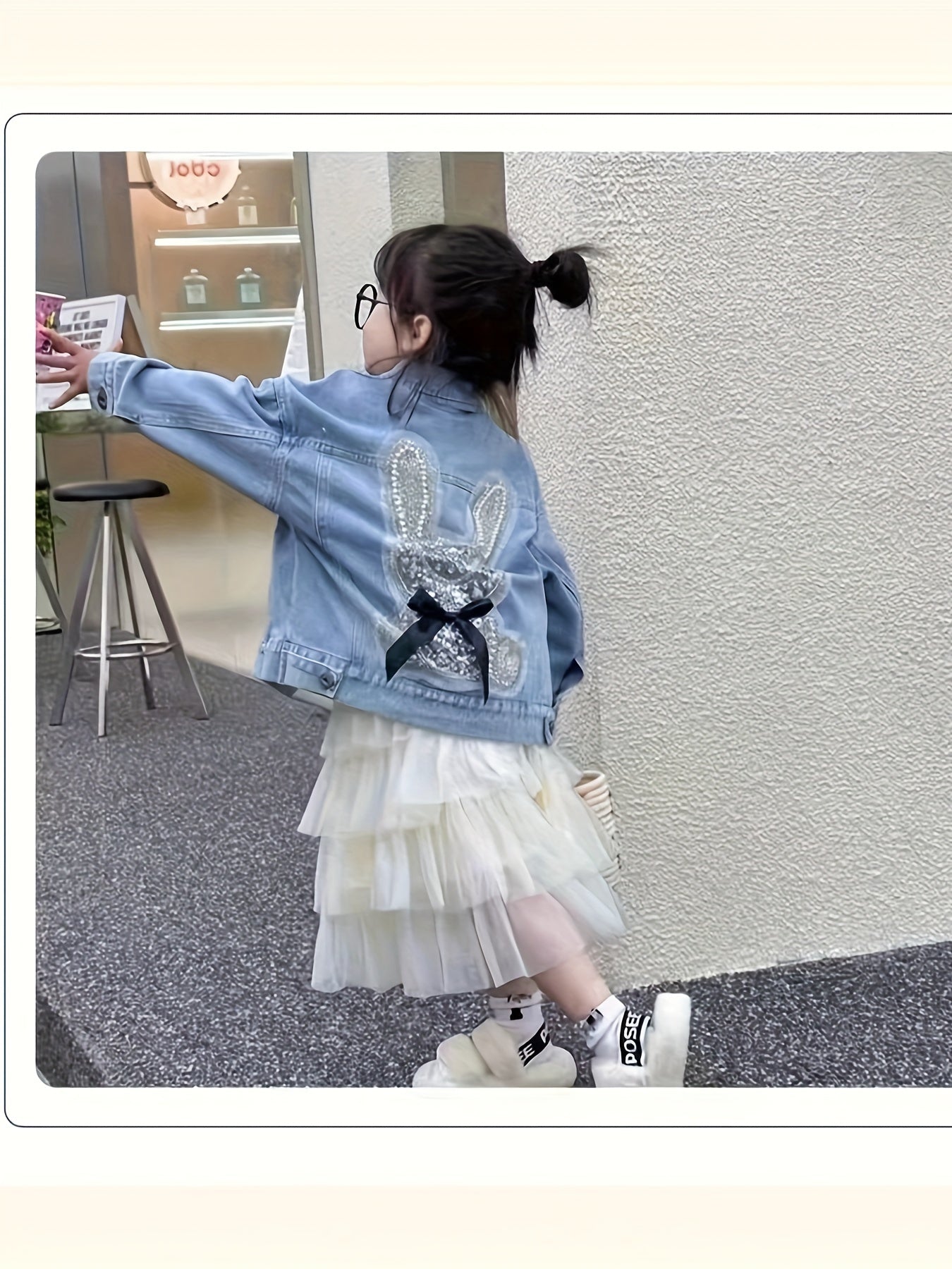 Casual, versatile denim jacket for chic girls with cute rabbit design; rayon blend, machine washable; ideal for spring/fall.