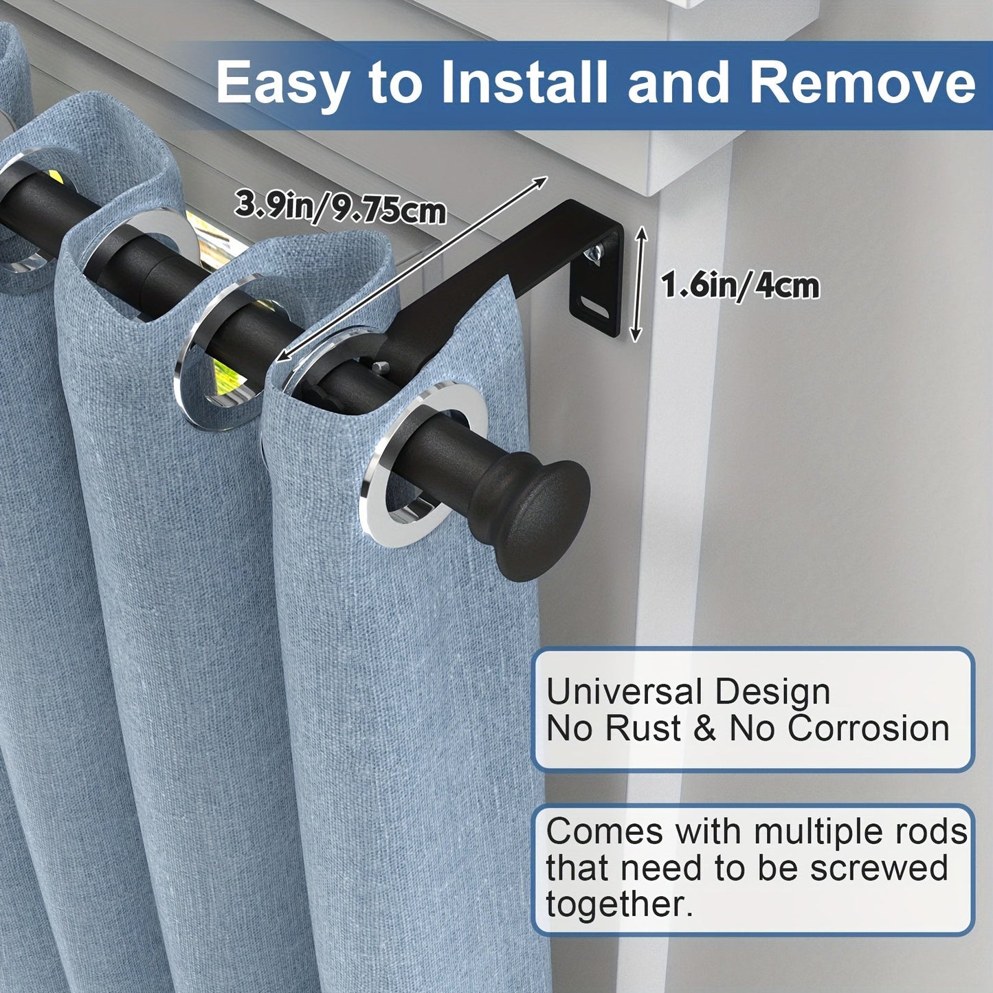 Adjust your curtains in style with this modern adjustable curtain rod set. The set includes a 30" to 87" 5/8" steel metal pole with brackets in a sleek matte black finish. This rod can support up to 11.34 KG and is perfect for adding a touch of elegance