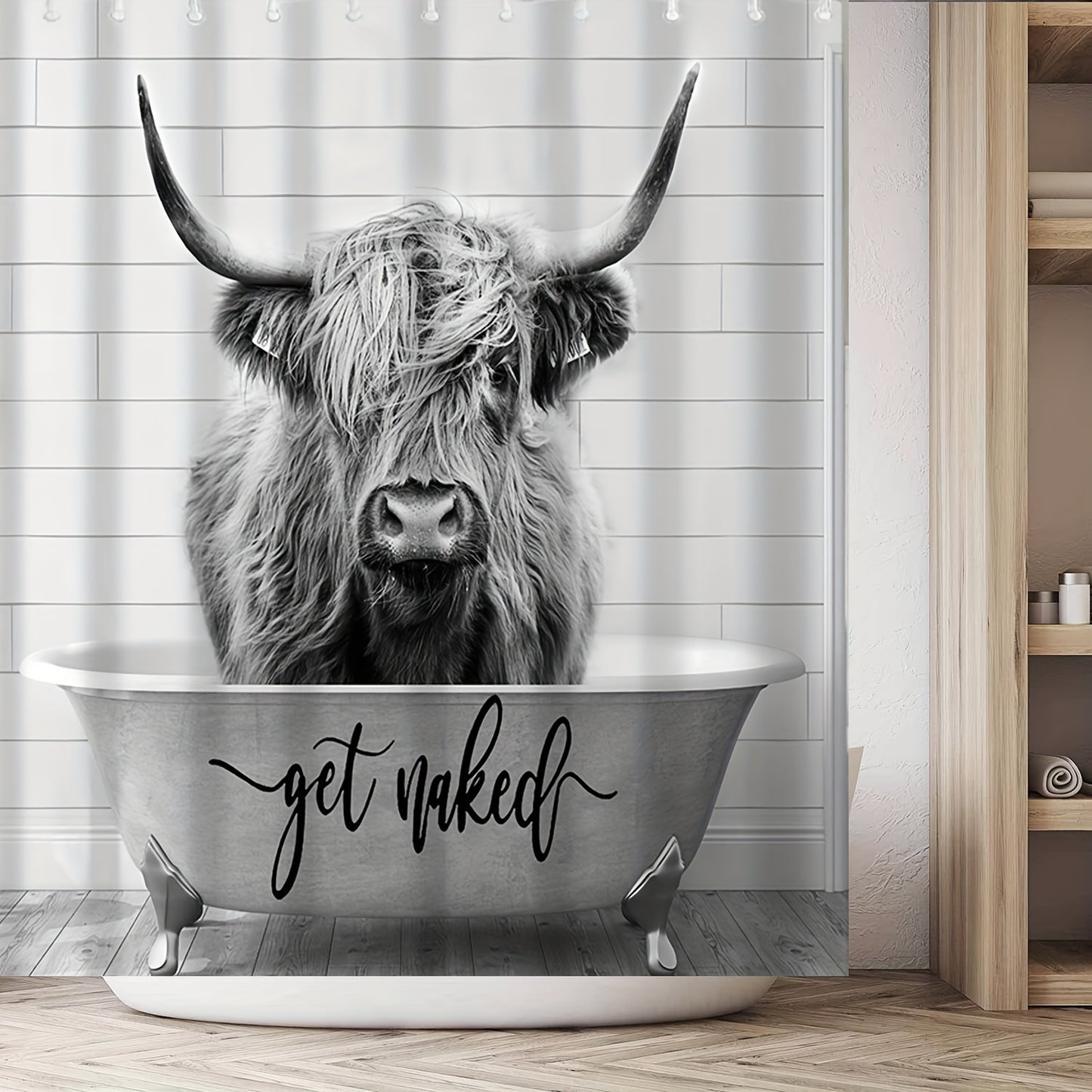 Funny Western Highland Cow Shower Curtain Set for farmhouse-style bathroom decor, made of polyester fabric measuring 182.88 x 182.88 cm. Ideal for aesthetic room and home decor.