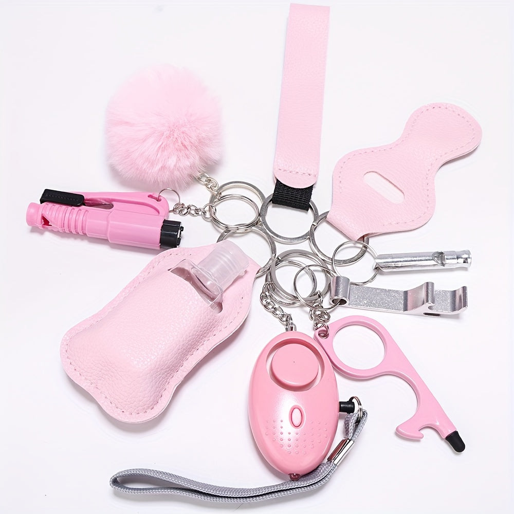 Set of 10 Pink Safety Accessories for Women - Includes Personal Alarm, Window Breaker & More - Stylish Faux Leather Set, Ideal Gift for Mom & Girls