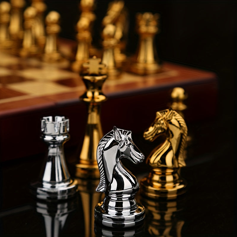 Luxurious chess set with silver pieces on a wooden folding board with zinc alloy pieces.