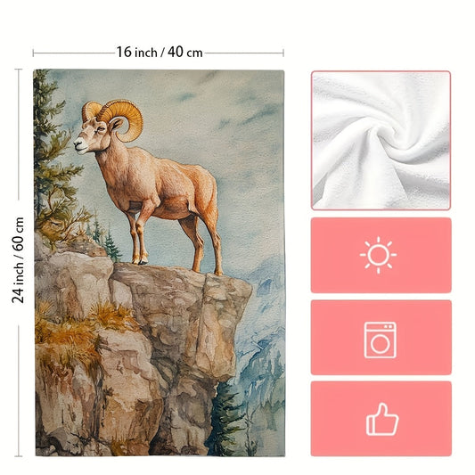 Set of 2 Ultra Soft Kitchen Towels featuring a Bighorn Sheep Watercolor Climbing Cliffs Design. These towels are highly absorbent and machine washable, perfect for drying dishes and hands. Add a contemporary touch to your kitchen with their stylish