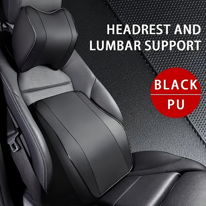 Memory foam car headrest and lumbar support set with PU leather, for comfortable and ergonomic driver seating.