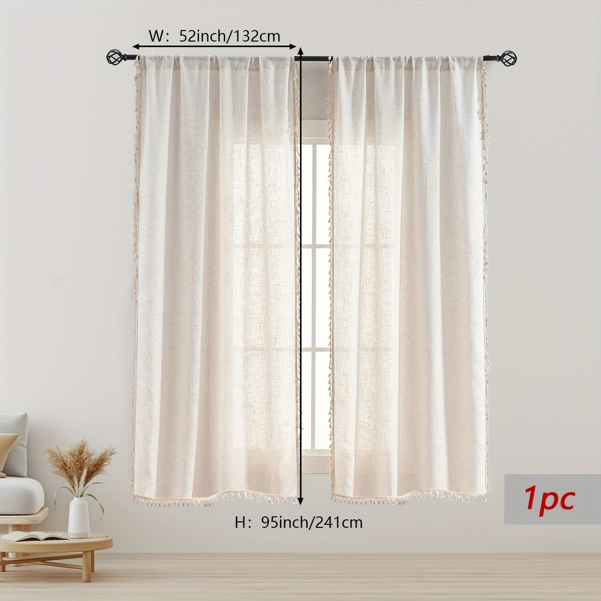 Single Bohemian Lace Curtain with Rod Design, Crafted from Solid Color Linen for Both Light and Privacy, Comes in Natural Wood Color, Sold Individually.