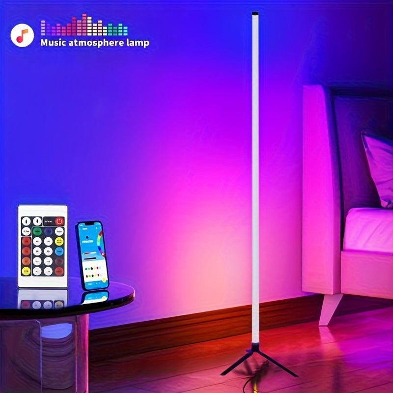 Smart LED floor lamp with app control, RGB music atmosphere, wireless, USB powered, multi-color standing lamp for various rooms and events. Not waterproof, no battery, with USB port.