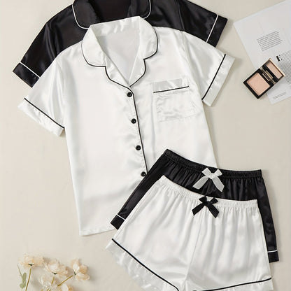 Solid satin pajama set with short sleeve lapel buttons top and bow shorts for women's sleepwear and loungewear.