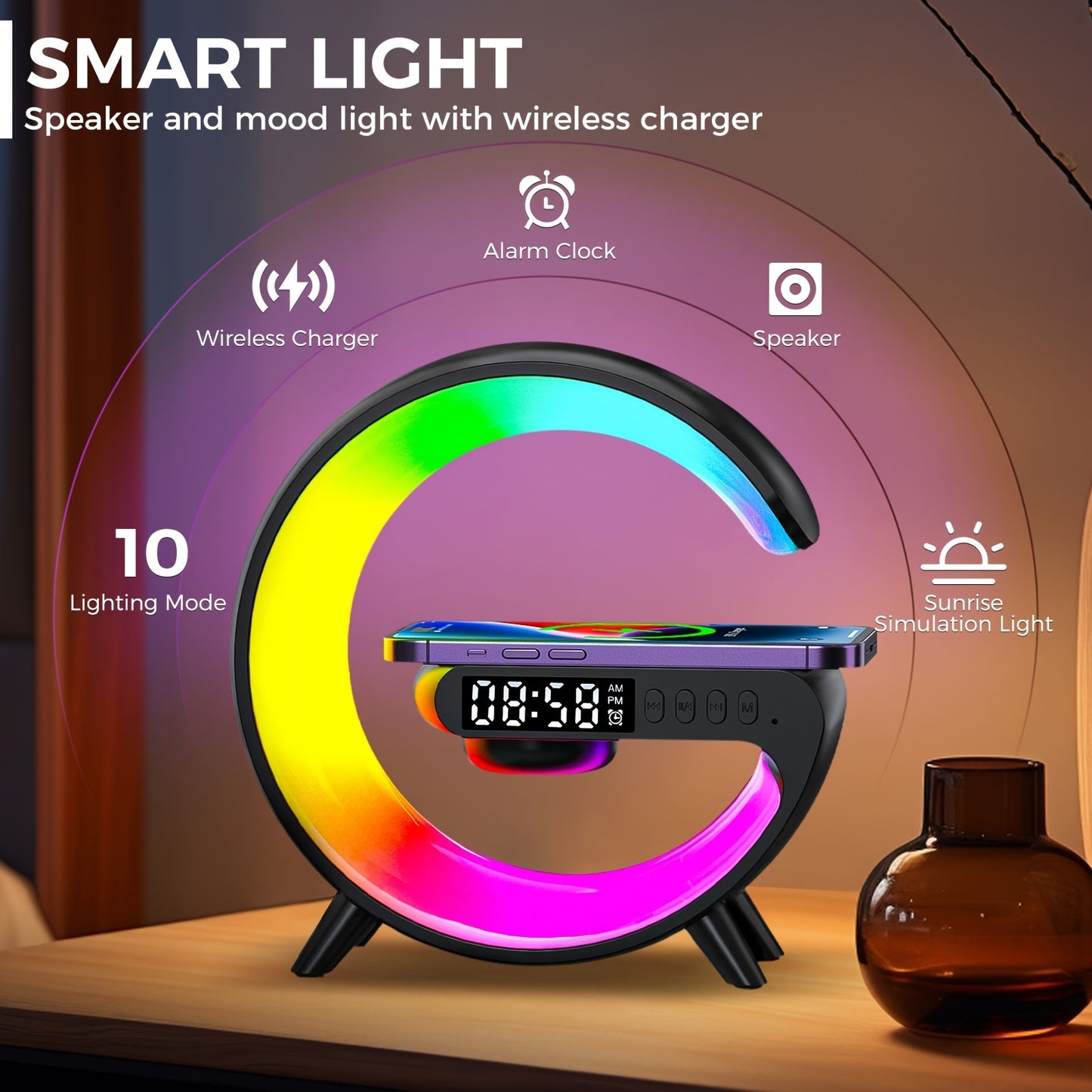 CyberDyer Smart Table Light with Sunrise Alarm Clock, Night Light Charging Station, Wireless Speaker, and Desktop Decoration Atmosphere Lamp - a perfect gift for any occasion.