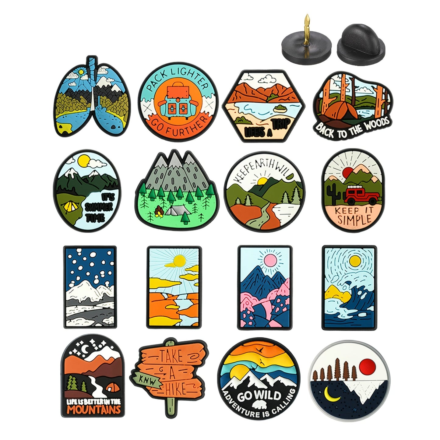 A set of 16 adventure-themed plastic brooch pins featuring travel and nature inspired designs such as trees, rivers, mountains, sun, car, and tent motifs. Perfect for backpack accessories, this holiday gift pin set is sure to inspire any nature lover.