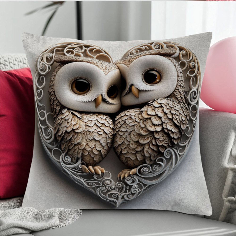 Adorable Owl Valentine's Day Pillow Cover - 45.72x45.72cm, Made of Sturdy Polyester, Easy Zip Closure, Machine Washable - Ideal for Decorating Indoors and Outdoors