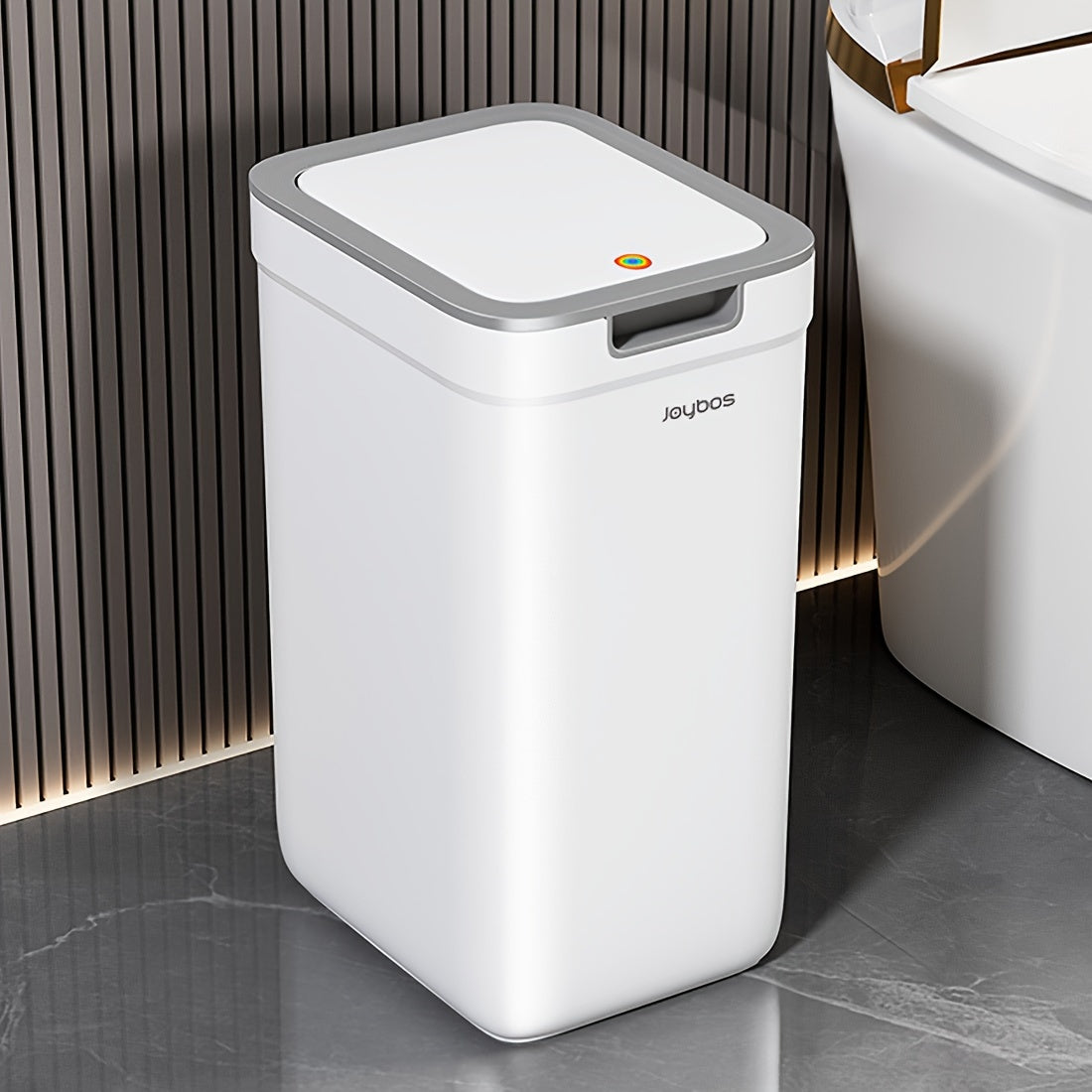 Joybos Wall-Mounted Bathroom Trash Can saves space and seals in odors while remaining touchless.