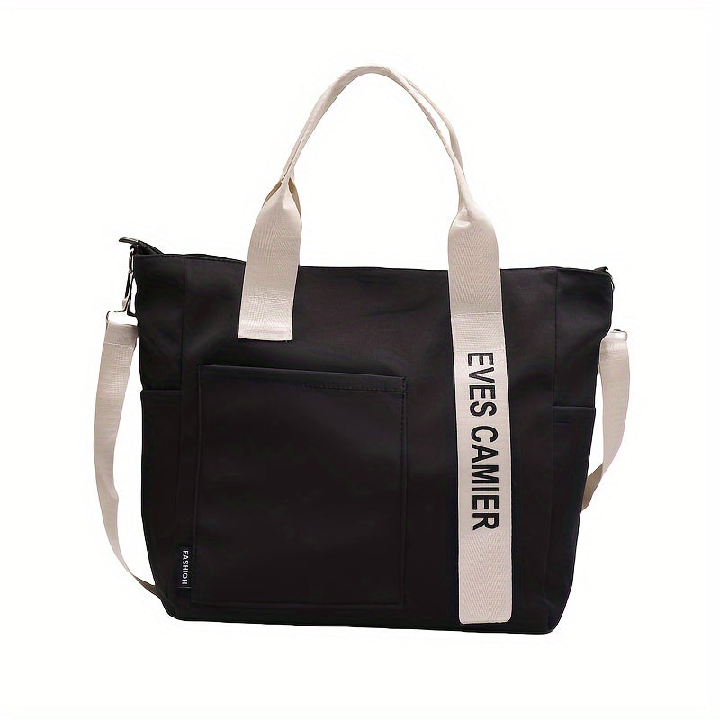 Versatile tote bag with multiple pockets, crossbody strap for travel and work, adjustable for school and everyday use.