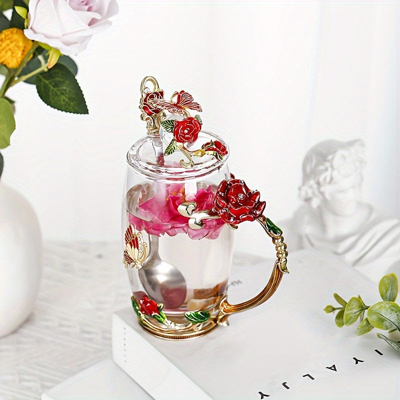 Rose enamel crystal tea cup featuring butterfly and rose design, heat resistant for coffee and water, perfect gift.