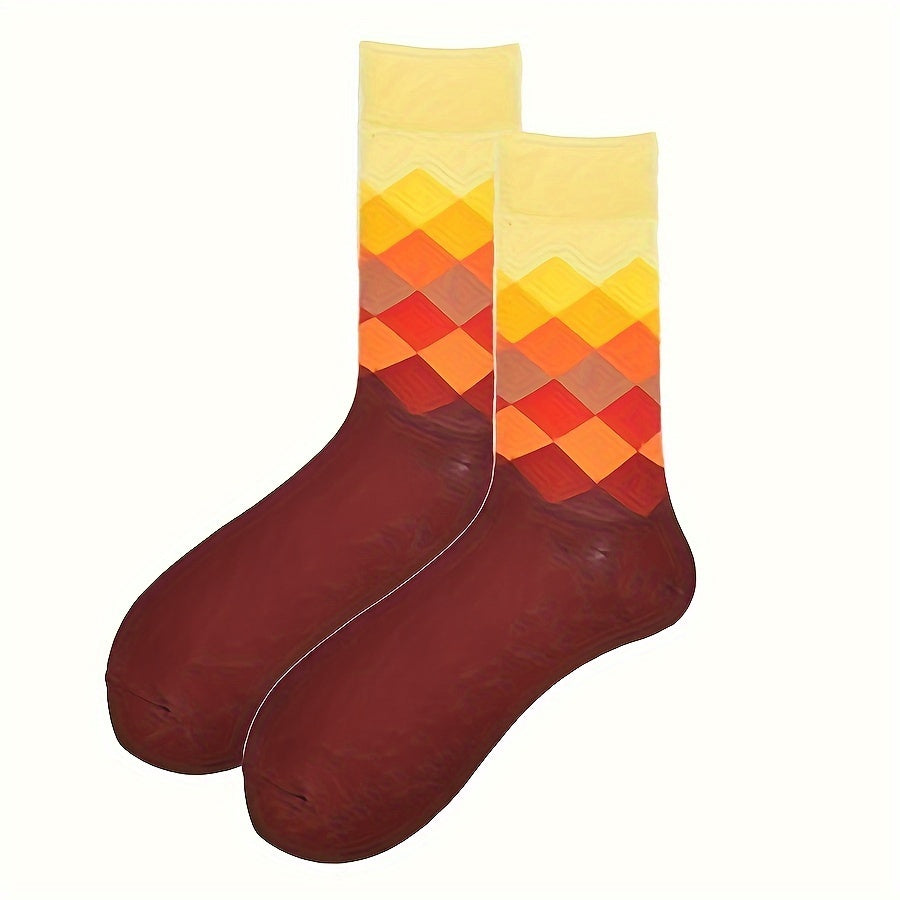 5-Pack Men's Argyle Cotton Socks, Colorful Diamond Pattern, Fashion Contrast Mid-Calf Socks, Hand Wash or Dry Clean