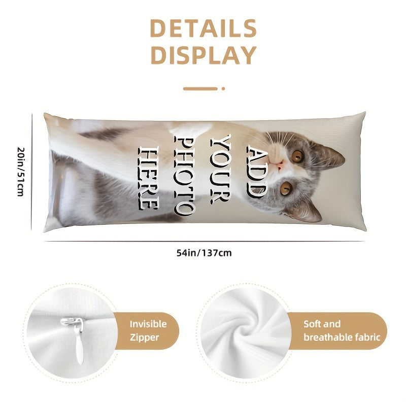 Get a personalized cat or dog image body pillowcase measuring 50.8x137.16 cm. This long hug pillow cover is made with soft plush short fabric and features a double-sided print with an invisible zipper. Suitable for adults aged 14 and up, this makes a