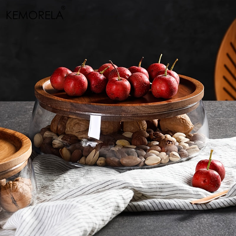 Wooden tray with glass bowl for storing nuts, fruits, cereals, and candy. Double-layered candy jars with wooden lids for kitchen storage.