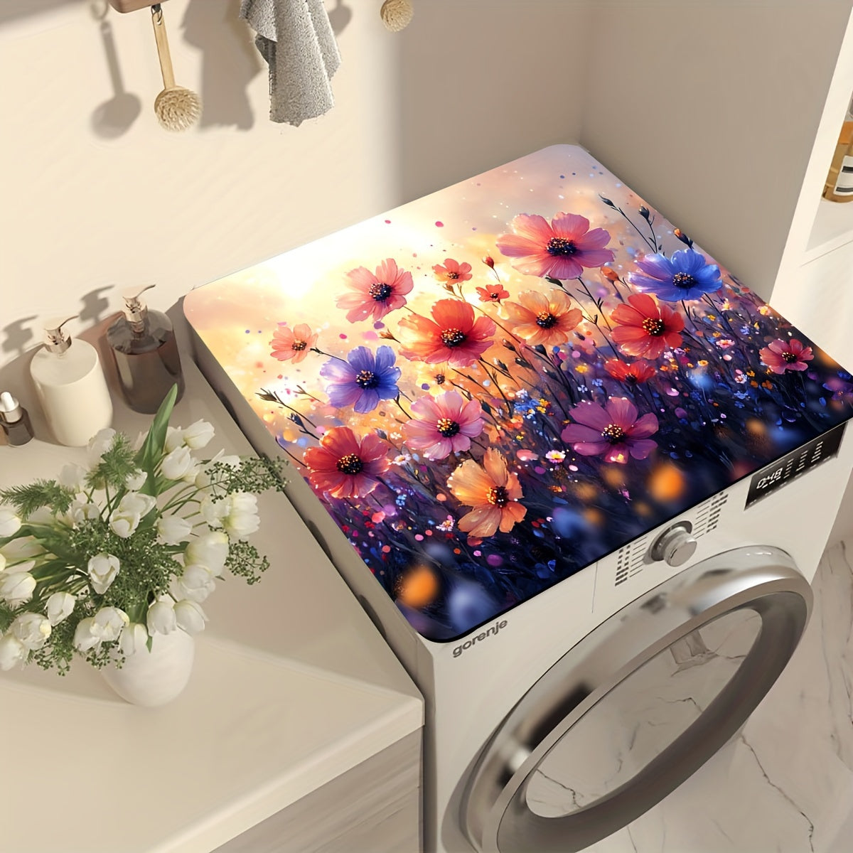 1pc Floral Washing Machine Dust Cover Mat made of polyester, perfect for protecting your washer, dryer, and small appliances. This universal quick-dry top pad is not only practical but also adds a modern touch to your home decor. Its absorbent and