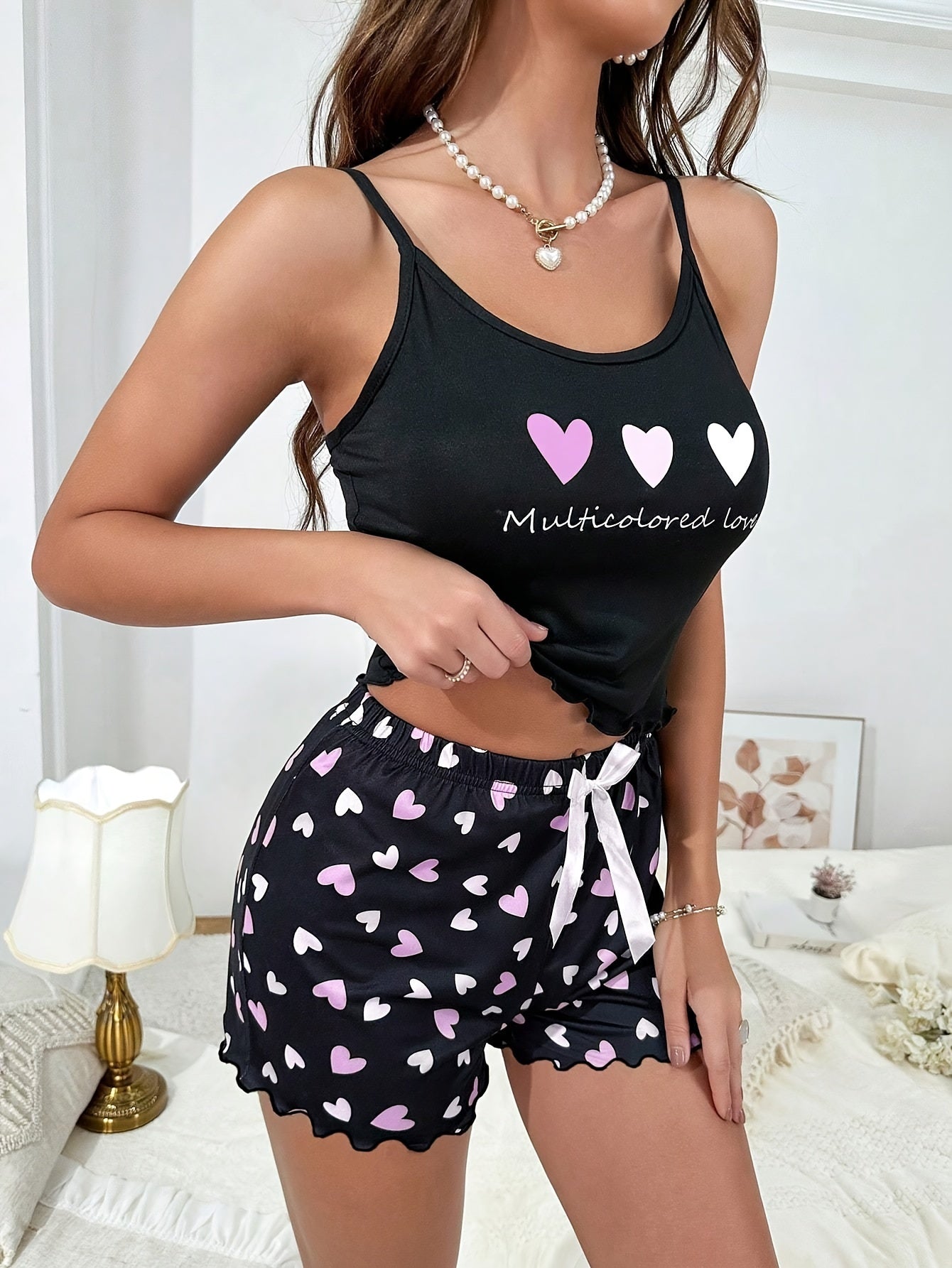 Heart and letter print pajama set with lettuce trim round neck backless crop top and bow shorts for women's sleepwear.