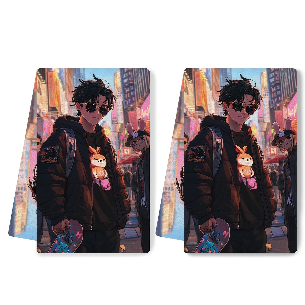 Set of 2 Ultra Soft Kitchen Towels featuring a stylish Anime Boy skateboarding through the city with his friends. Highly absorbent and perfect for holiday decor, these machine washable hand towels are 16x24 inches in size. Code: 2KYSYS1215016