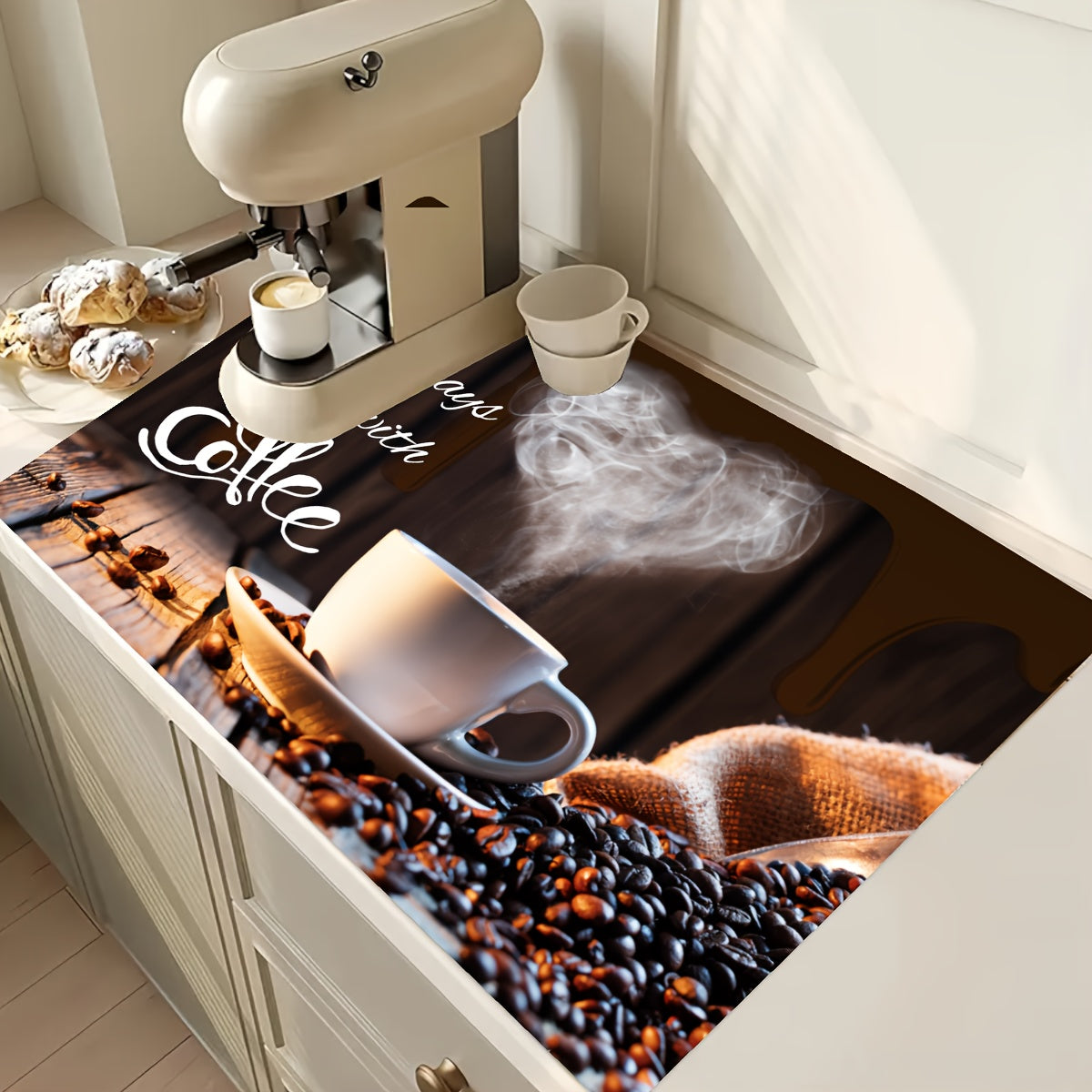 Upgrade your kitchen with this coffee-themed stove top protector! Measuring 28.5x20.5 inches (72.5x52cm), this extra large mat is made of diatom mud material that is non-skid and water-resistant. Perfect for use with electric stoves, coffee machines