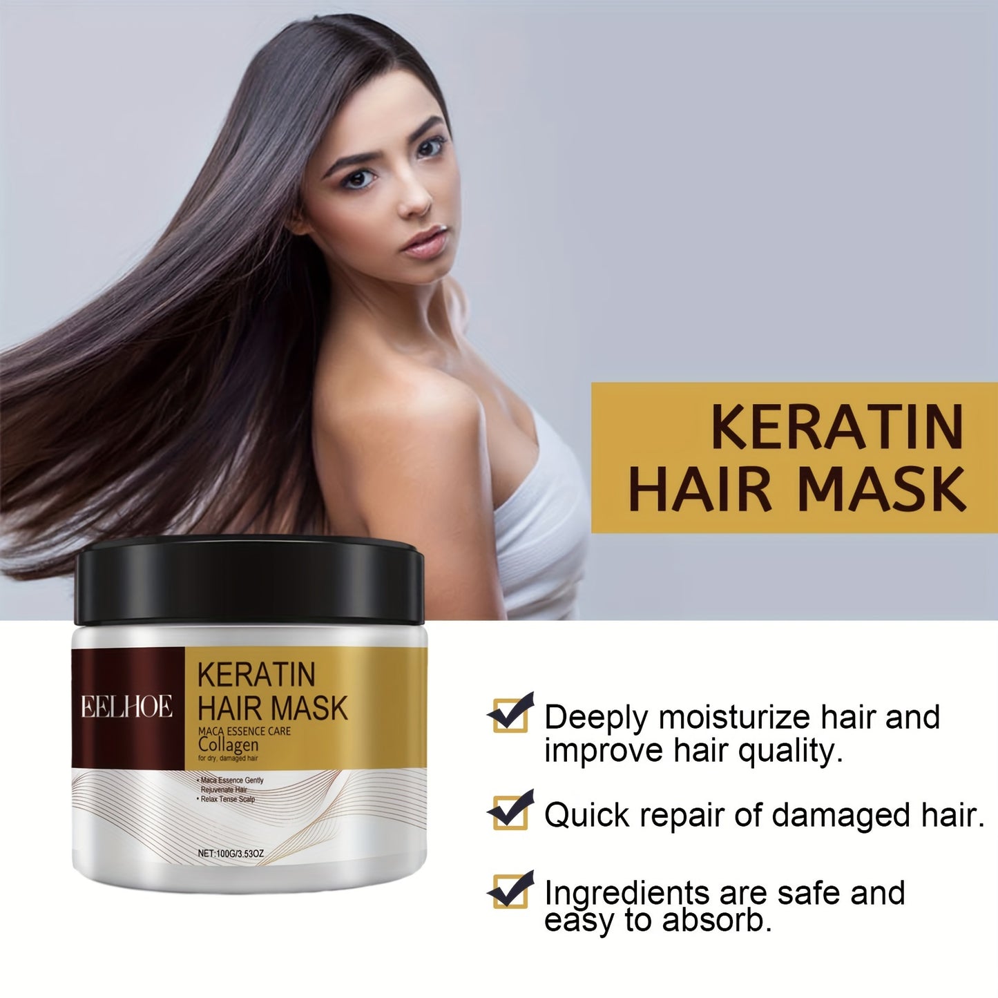 Set includes Hair Mask and Argan Oil Hair Oil for all hair types, with collagen formula, 100g Mask and 1.69oz Oil.