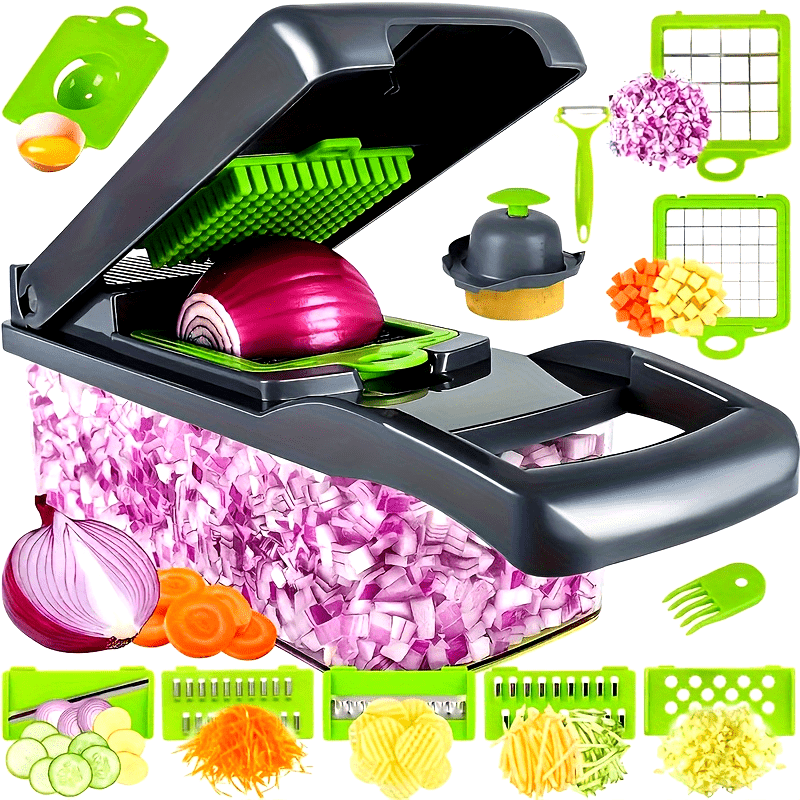 '- Set of 16 Pieces: Vegetable Shredder, Multifunctional Fruit Slicer, Manual Food Grater, Vegetable Slicer, Knives, Containers, Onion Shredder Chopper with Interchangeable Blades
- Household Potato Shredder and Kitchen Supplies
- Kitchen Gadgets for all