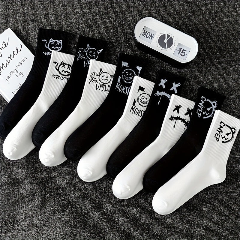 Men's trendy graffiti crew socks, 3/5/8/10 pairs, breathable and comfy for outdoor wear