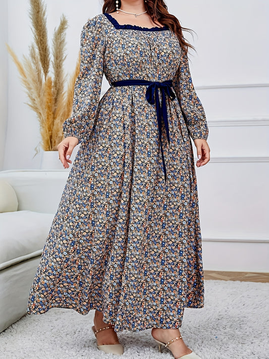 Floral midi dress for plus size women in polyester blend, long sleeves, loose fit, trapeze hem, with belt. Perfect for spring/summer as a casual weekend tunic with square neckline.