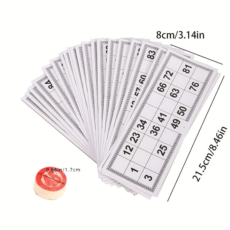 Wooden lottery game set with double-sided numbered bingo cards for ages 14+. Approximately 350g.