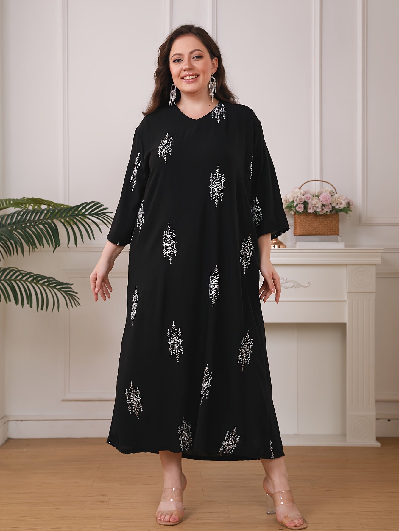 Stylish embroidered maxi dress with 3/4 sleeves, loose fit, woven polyester, machine washable, ideal for summer.