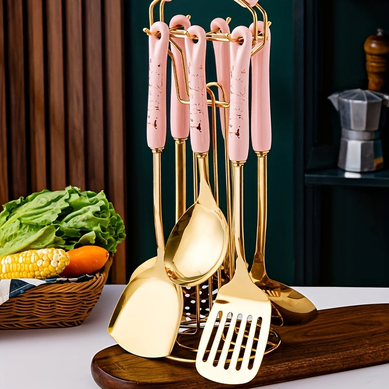 This kitchen utensils set includes seven pieces of Nordic light luxury kitchenware, consisting of a cooking shovel, spoon, ceramic-handled stainless steel spatula, and soup spoon. Perfect for parties, these kitchen supplies make great gifts for Christmas