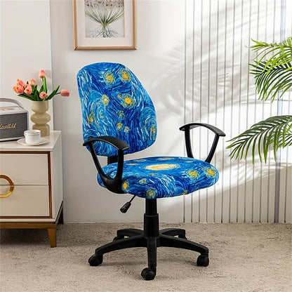 2 printed chair covers to beautify and decorate home or office split or swivel chairs.