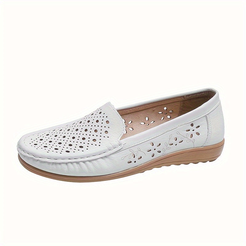 Women's white slip-on loafers with perforated design for breathability, non-slip sole, round toe, and versatile casual style for all-season wear.