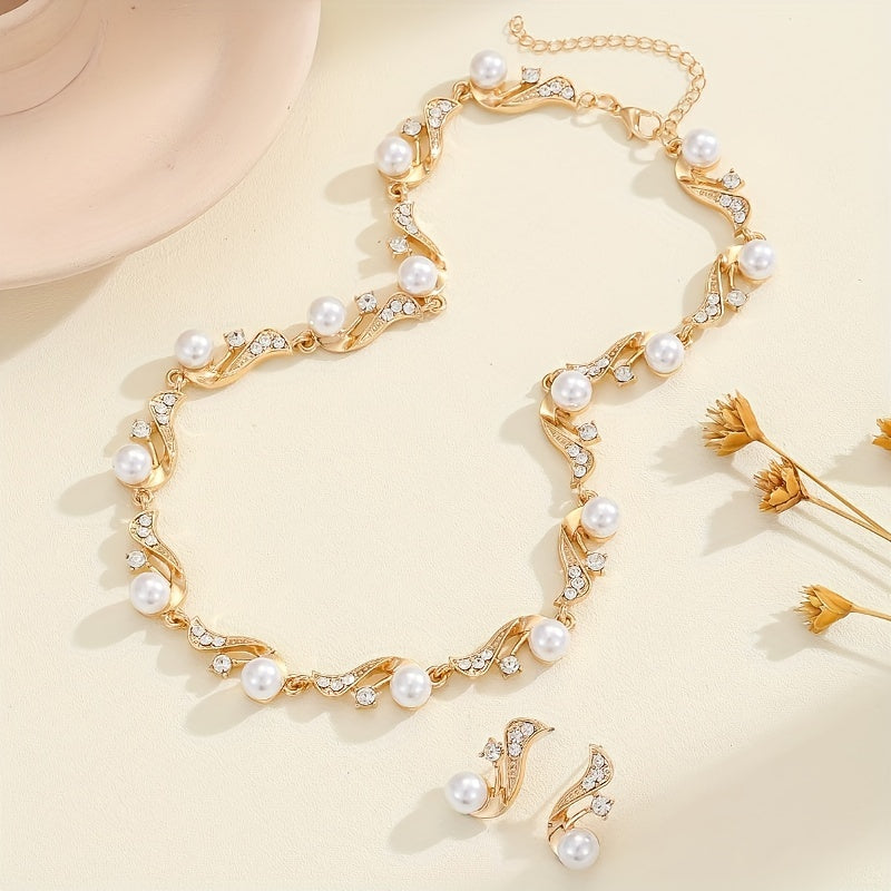 This elegant two-piece set includes a water-drilled imitation pearl necklace and matching earrings, perfect for women who love light luxury and versatility. The necklace can be worn as a sweater chain or a clavicle chain, and is adorned with golden