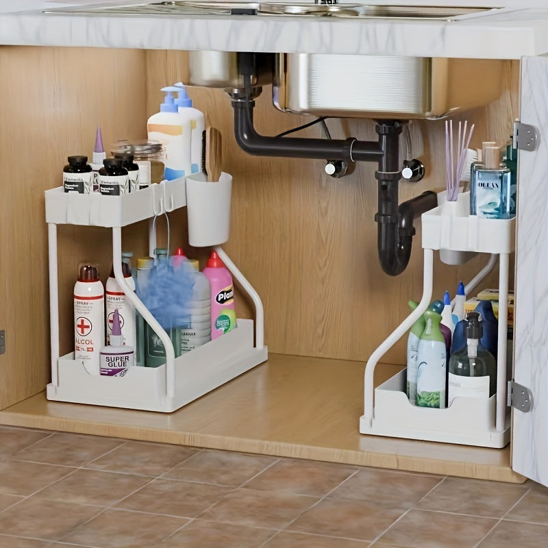 Two-tier under-sink storage organizer with plastic sliding drawer, versatile rack for bathroom and kitchen, available in black and white - cabinet organizer