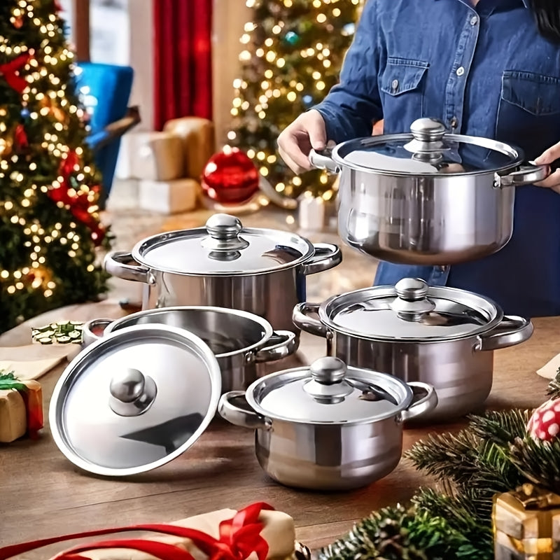 Stainless Steel Cookware Set with Lids - 8 Pieces, Induction Compatible, Soup Pot & Saucepans for Home & Restaurant Use - Perfect for Holiday Gatherings, Durable and Stylish