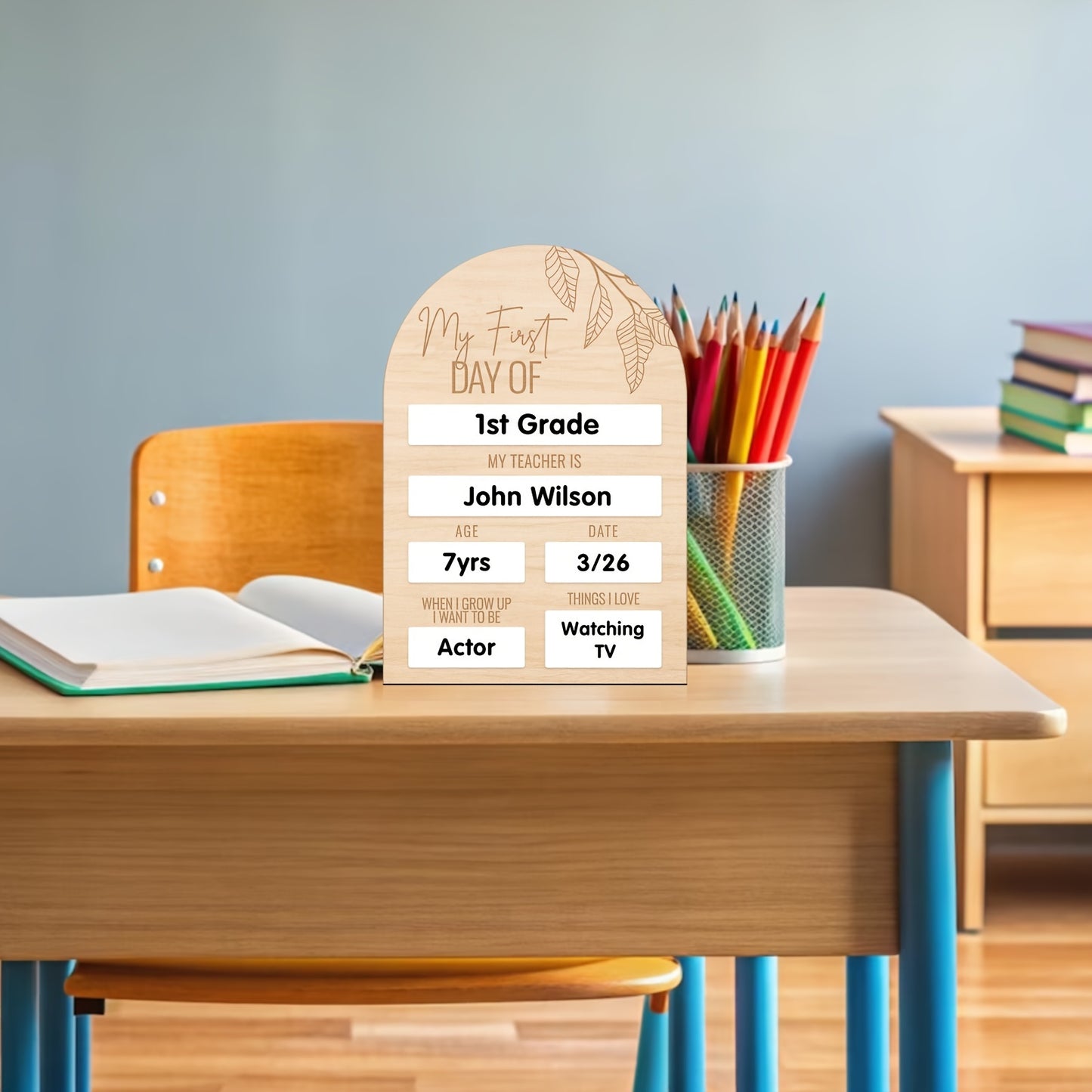 Wooden milestone board for first day of school memories, no electricity required, school-themed display for boys and girls.