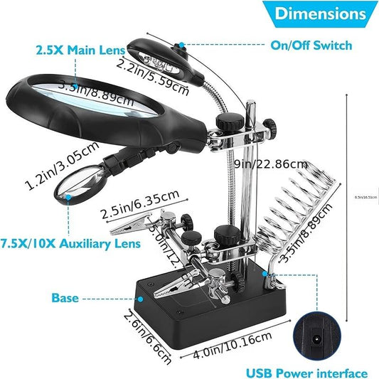 1pc 3-in-1 soldering station with magnifying LED light and auxiliary clip.