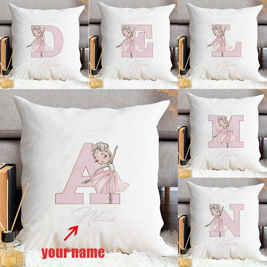 One Customized Velvet Pillowcase with Ballet Girl Design and Pink Initials, Perfect for Sofa Decor - Single-Sided Print, 1 Piece, Insert Not Included