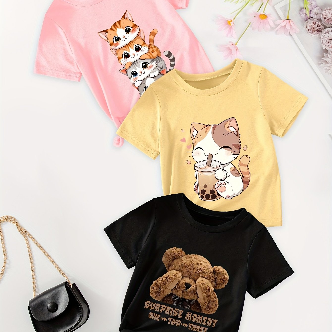 3pcs "Mother's Day" Girls' Casual T-Shirt with Leopard Print, Love Letter, and Butterfly Print