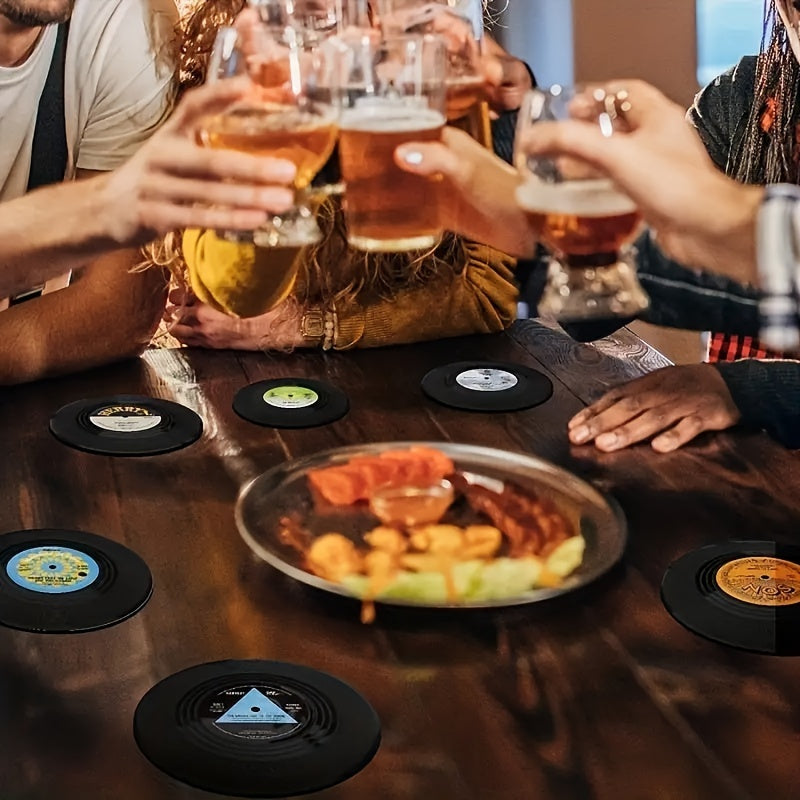 Set of 6 vinyl record coasters, retro American rock CD design, non-slip insulation pads, heat-resistant table mats, room decoration.