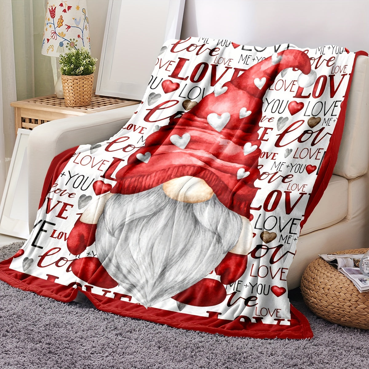 Gnome-themed blanket with "Love" English letters, perfect for decorating your couch, sofa, or bedding room. This super soft fleece flannel throw is a great Valentine's or Christmas gift idea.