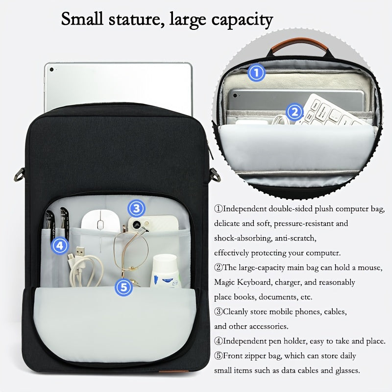 Durable polyester laptop bag, waterproof and shockproof, with lightweight shoulder strap and rolling function. Fits tablets up to 27.94cm and laptops up to 33.02cm, compatible with MacBook