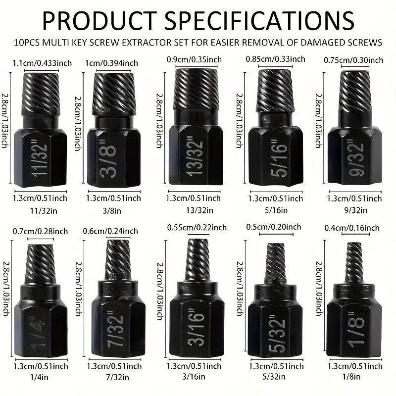 10-piece screw extractor set for damaged screws, bolts, and studs, made of alloy steel.