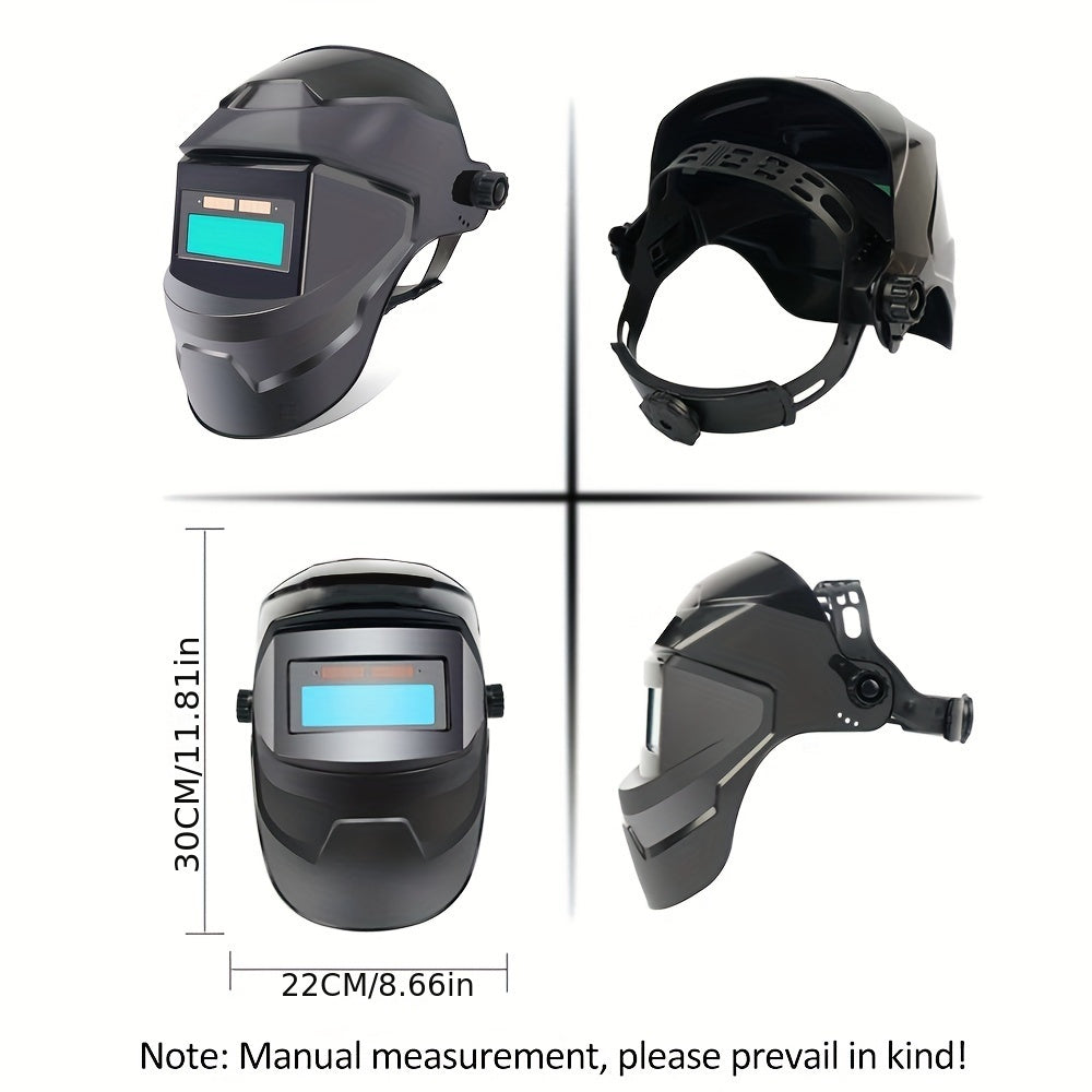 Automatic dimming LED welding face mask provides high-temperature resistance and 180° defense for welding activities.