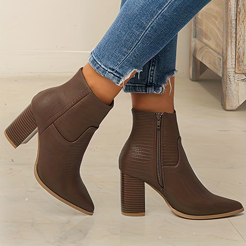 Women's Casual Solid Color Boots with Side Zipper, Soft Sole, Chunky Heel, Point Toe, and Slim Winter Style.