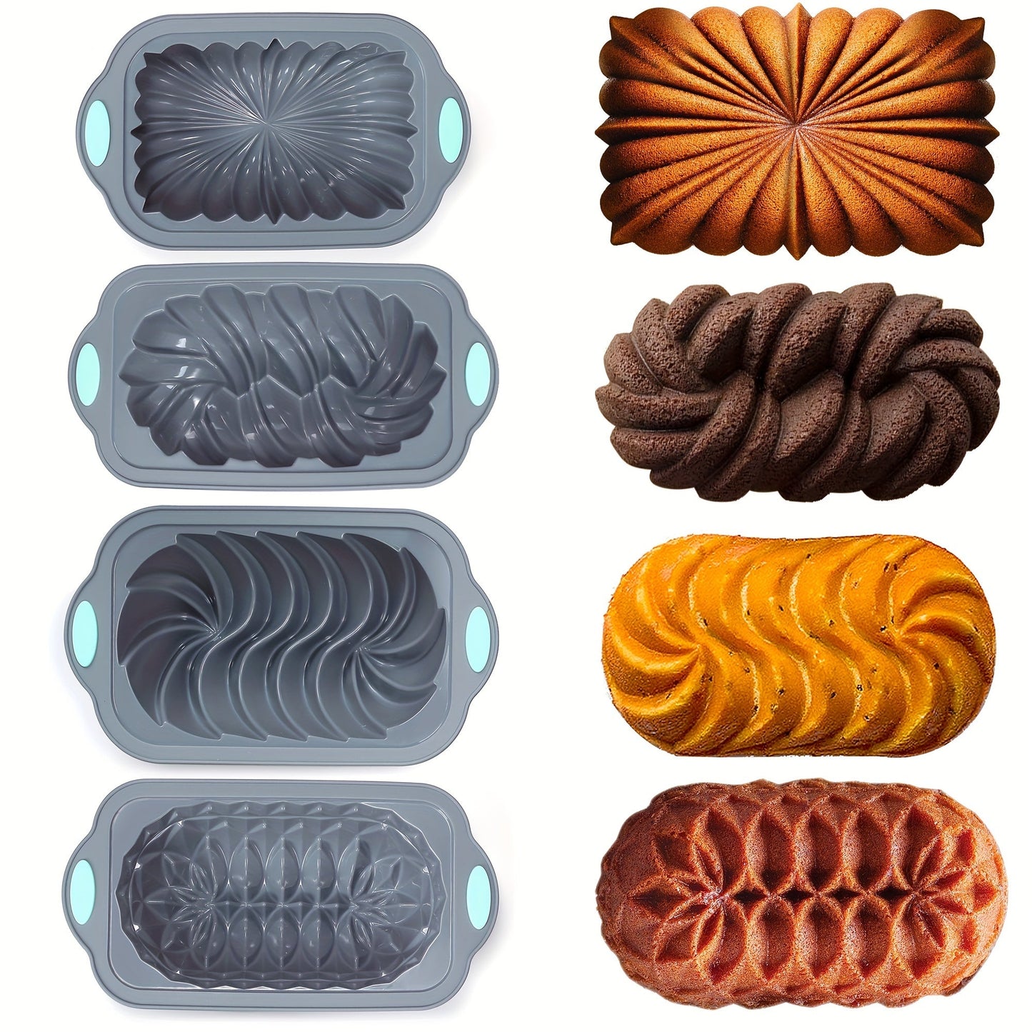 Set of 4 Silicone Baking Molds - Non-Stick, Flexible Loaf Pans featuring Lotus, Spiral, Braided, and Classic Fluted designs for Cakes, Breads, Meatloaf, Quiche, and more. Ideal for Holiday Parties and Gifting.